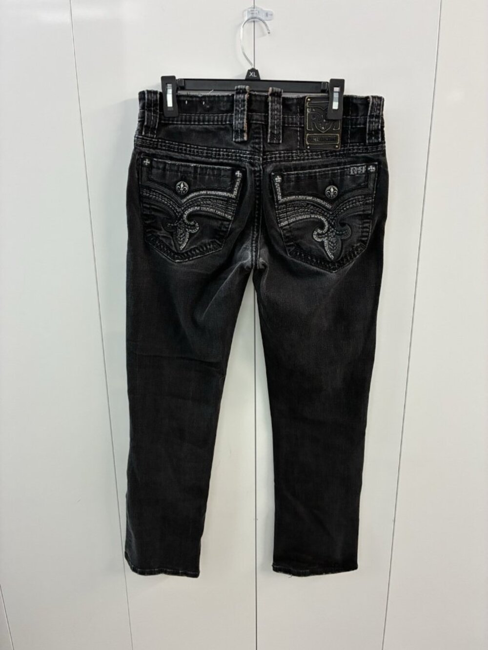 $220 Mens Rock Revival Jeans "Brayen" Jet Black Embroidered Straight 31 X 31